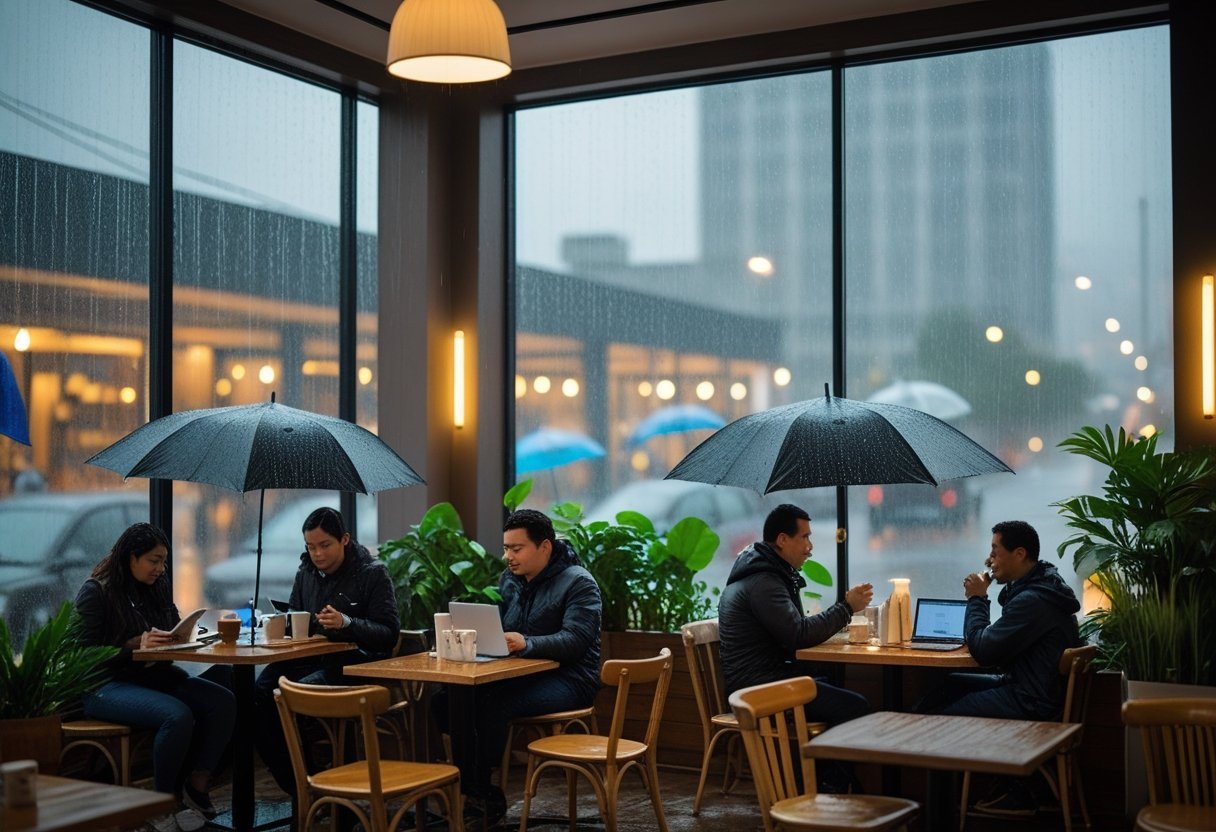 Pessoas em um café aconchegante em Curitiba, com chuva visível nas janelas e ruas molhadas do lado de fora.