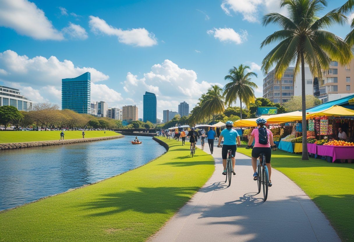 Pessoas aproveitando atividades ao ar livre no parque Beira Rio em Palmas, com árvores, ciclistas, áreas verdes e prédios ao fundo.
