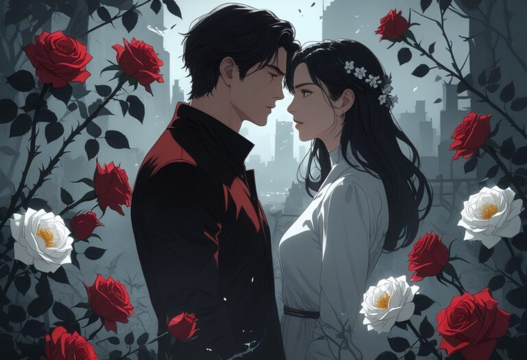 Um homem e uma mulher próximos, com expressões intensas, rodeados por rosas escuras com espinhos e flores brancas delicadas, em um cenário sombrio com sombras e luz suave.
