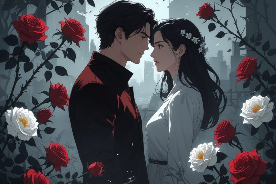 Um homem e uma mulher próximos, com expressões intensas, rodeados por rosas escuras com espinhos e flores brancas delicadas, em um cenário sombrio com sombras e luz suave.