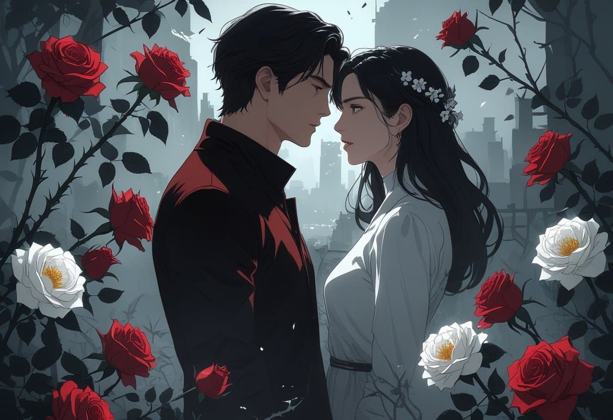 Um homem e uma mulher próximos, com expressões intensas, rodeados por rosas escuras com espinhos e flores brancas delicadas, em um cenário sombrio com sombras e luz suave.