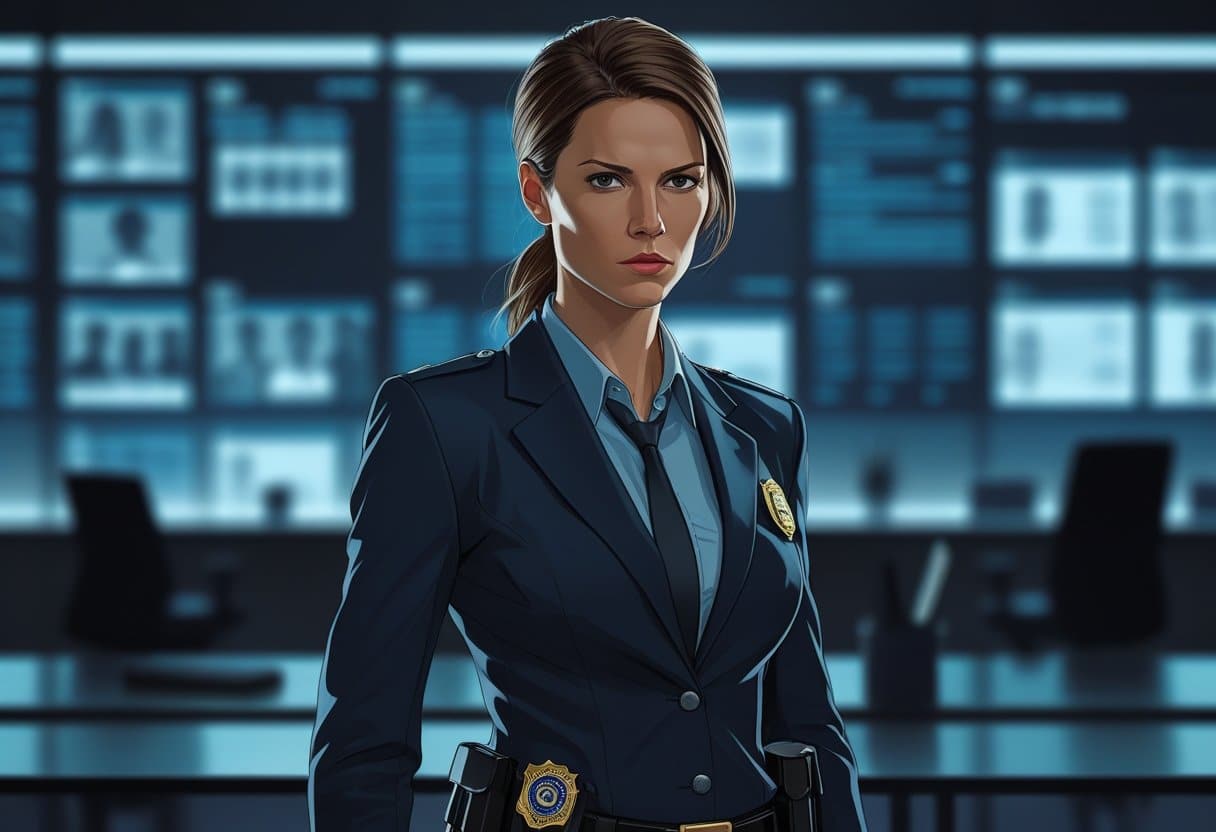Uma agente feminina da FBI em um escritório moderno, olhando com expressão determinada, com um quadro digital ao fundo mostrando dados borrados.