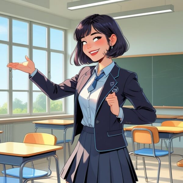 Uma jovem confiante em uniforme escolar brincando com um colega tímido em uma sala de aula iluminada.