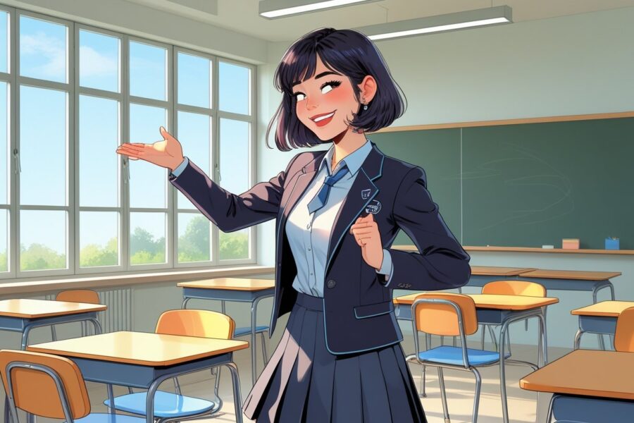 Uma jovem confiante em uniforme escolar brincando com um colega tímido em uma sala de aula iluminada.