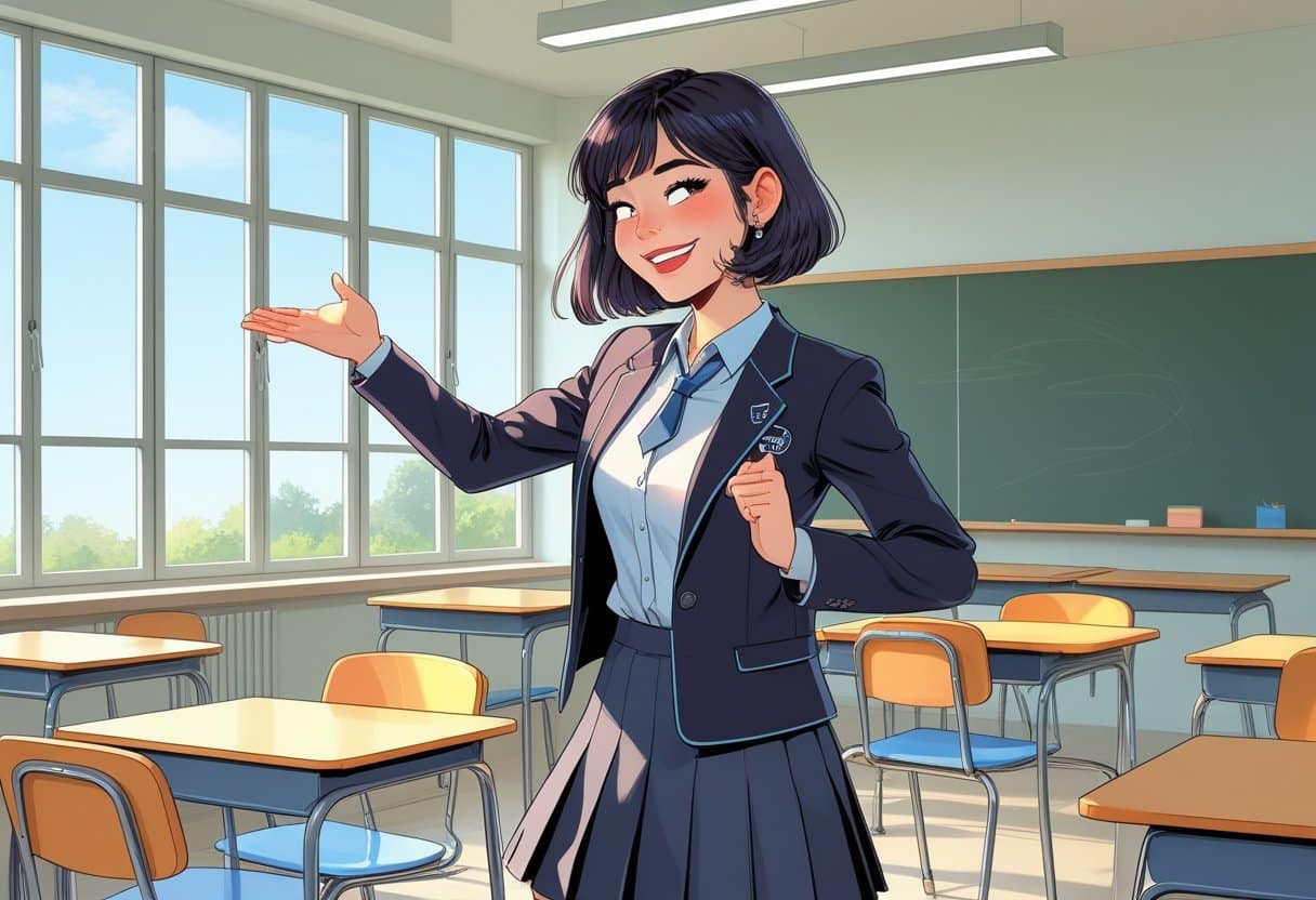 Uma jovem confiante em uniforme escolar brincando com um colega tímido em uma sala de aula iluminada.