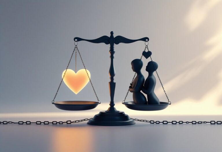 Uma balança equilibrada com um coração brilhante de um lado e figuras sombreadas do outro, simbolizando o conflito entre amor e imoralidade sexual.