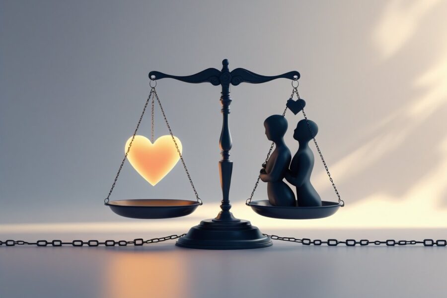Uma balança equilibrada com um coração brilhante de um lado e figuras sombreadas do outro, simbolizando o conflito entre amor e imoralidade sexual.