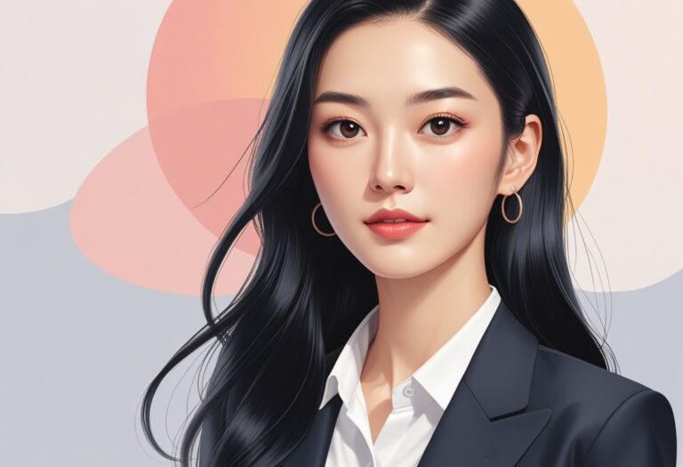 Retrato de uma jovem mulher asiática com cabelo preto longo, vestindo blazer e blusa, com expressão confiante e amigável.