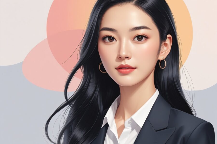 Retrato de uma jovem mulher asiática com cabelo preto longo, vestindo blazer e blusa, com expressão confiante e amigável.