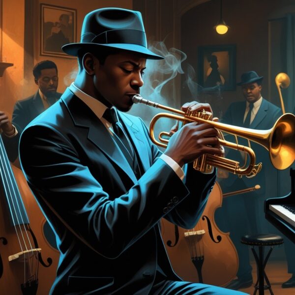 Homem tocando trompete em um palco de jazz com outros músicos ao fundo em um clube com iluminação quente e ambiente acolhedor.