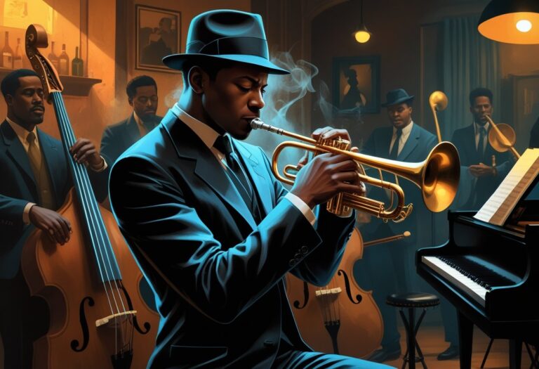 Homem tocando trompete em um palco de jazz com outros músicos ao fundo em um clube com iluminação quente e ambiente acolhedor.