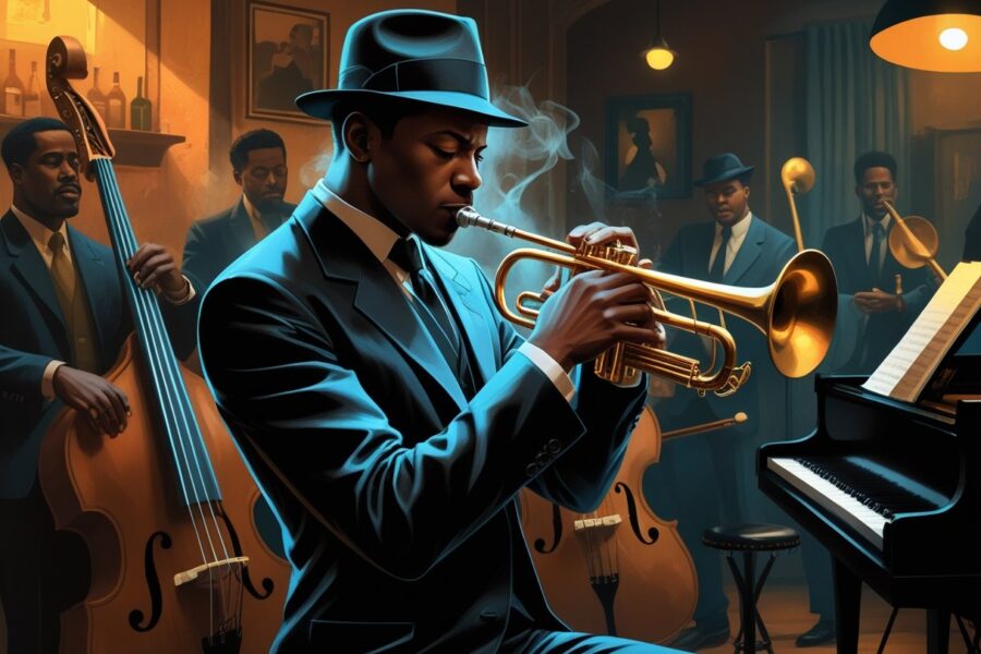 Homem tocando trompete em um palco de jazz com outros músicos ao fundo em um clube com iluminação quente e ambiente acolhedor.