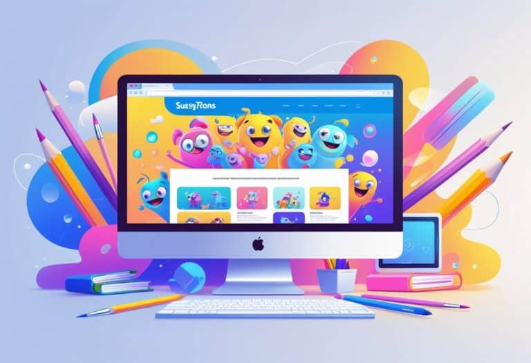 Um monitor de computador exibindo personagens de desenhos animados coloridos, cercado por ferramentas de desenho como lápis e pincéis, em um ambiente moderno e limpo.