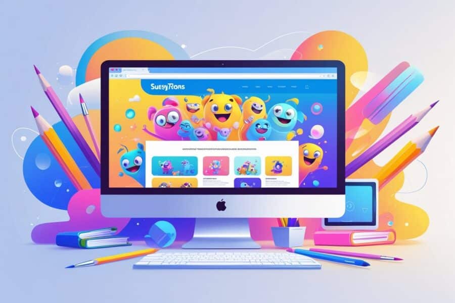 Um monitor de computador exibindo personagens de desenhos animados coloridos, cercado por ferramentas de desenho como lápis e pincéis, em um ambiente moderno e limpo.