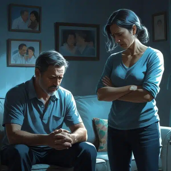 Um homem e uma mulher em uma sala de estar, com expressões de tristeza e tensão, representando um momento difícil em um relacionamento.