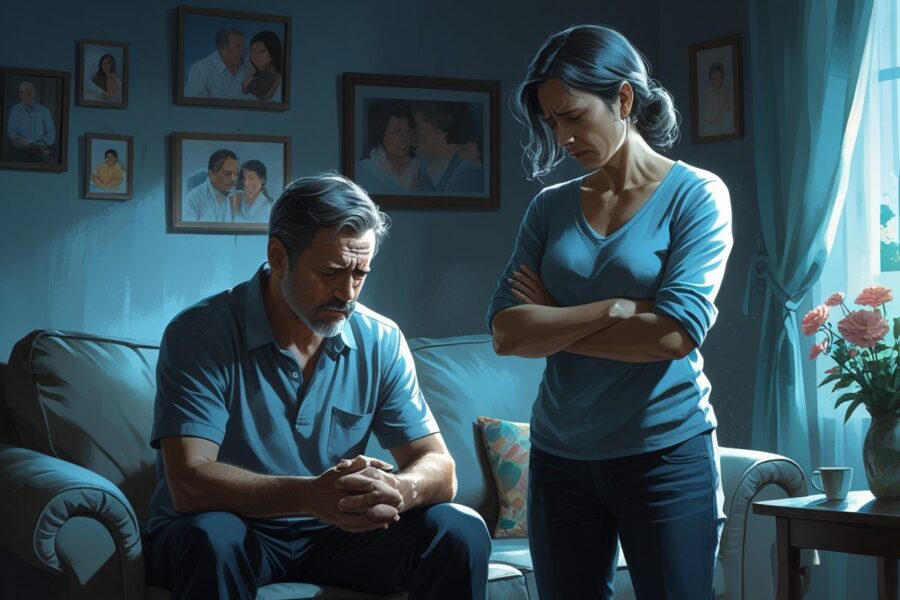 Um homem e uma mulher em uma sala de estar, com expressões de tristeza e tensão, representando um momento difícil em um relacionamento.