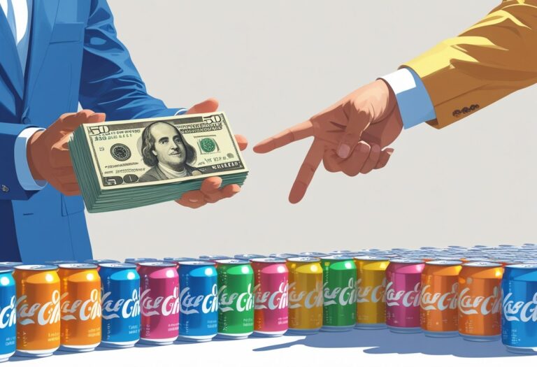 Pessoa segurando notas de 50 reais ao lado de várias latinhas de refrigerante sobre uma mesa.