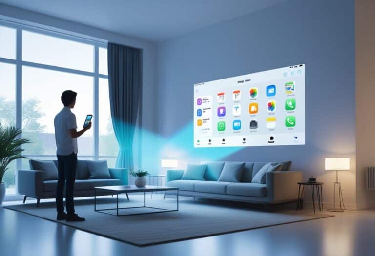 Uma pessoa em uma sala moderna projetando a tela do celular na parede branca.