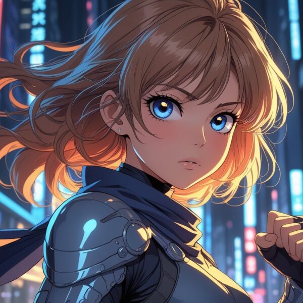 Um jovem personagem em uma pose confiante em uma cidade futurista com luzes neon ao fundo.