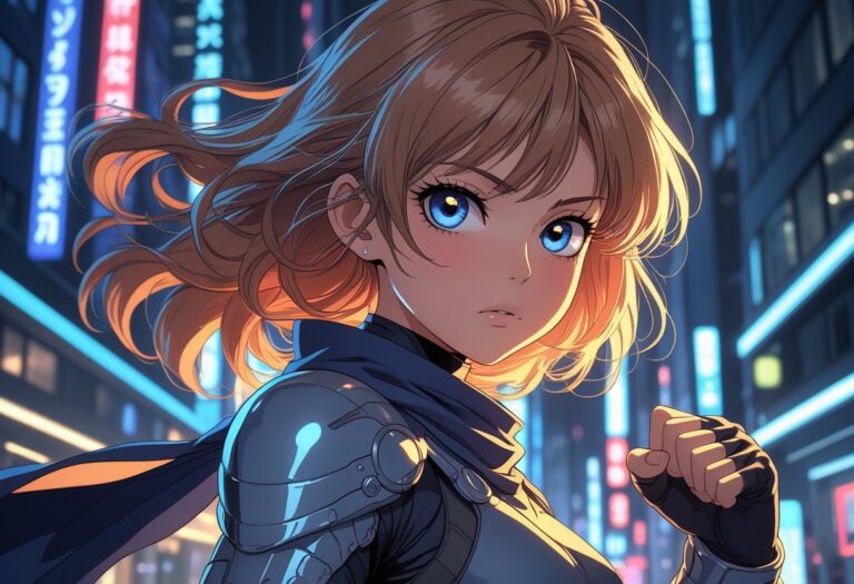 Um jovem personagem em uma pose confiante em uma cidade futurista com luzes neon ao fundo.