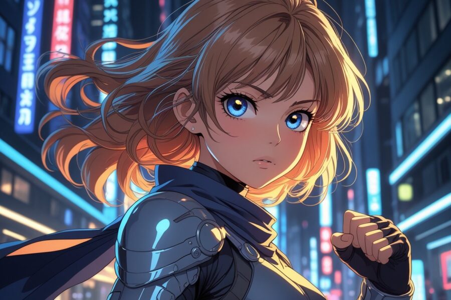 Um jovem personagem em uma pose confiante em uma cidade futurista com luzes neon ao fundo.