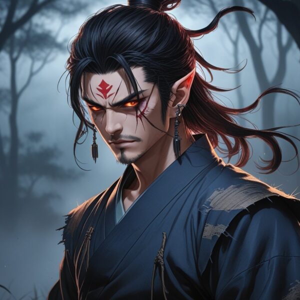 Tanjiro Kamado transformado em oni, em uma floresta enevoada ao anoitecer, com expressão determinada e características demoníacas sutis.