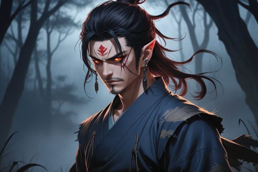 Tanjiro Kamado transformado em oni, em uma floresta enevoada ao anoitecer, com expressão determinada e características demoníacas sutis.