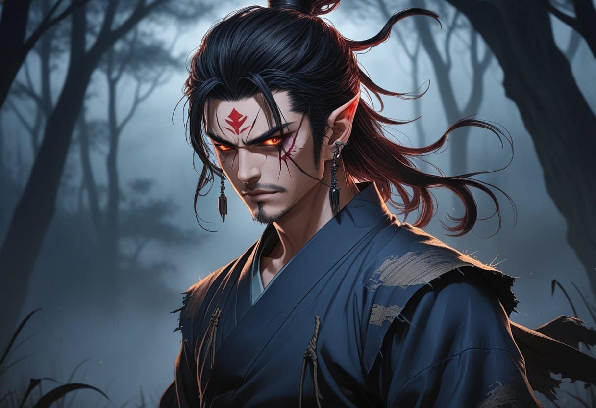 Tanjiro Kamado transformado em oni, em uma floresta enevoada ao anoitecer, com expressão determinada e características demoníacas sutis.