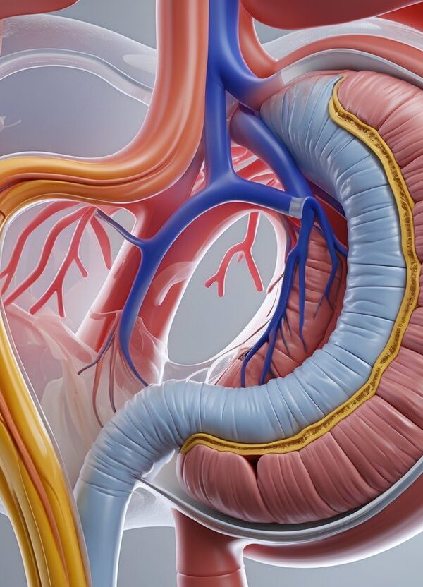 Renderização 3D mostrando o estômago humano com o piloro aberto, permitindo a passagem para o duodeno.