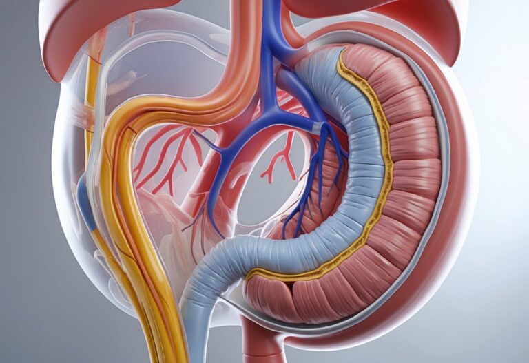 Renderização 3D mostrando o estômago humano com o piloro aberto, permitindo a passagem para o duodeno.
