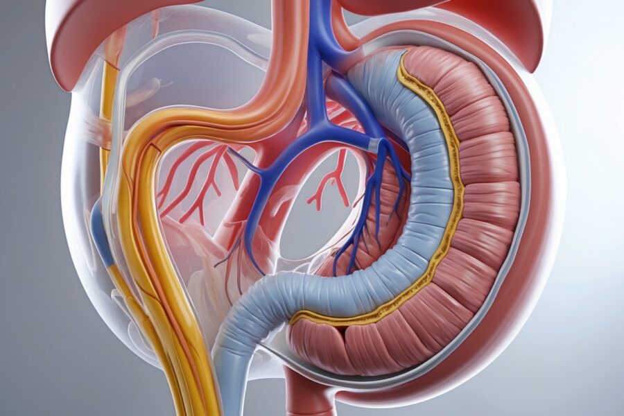 Renderização 3D mostrando o estômago humano com o piloro aberto, permitindo a passagem para o duodeno.