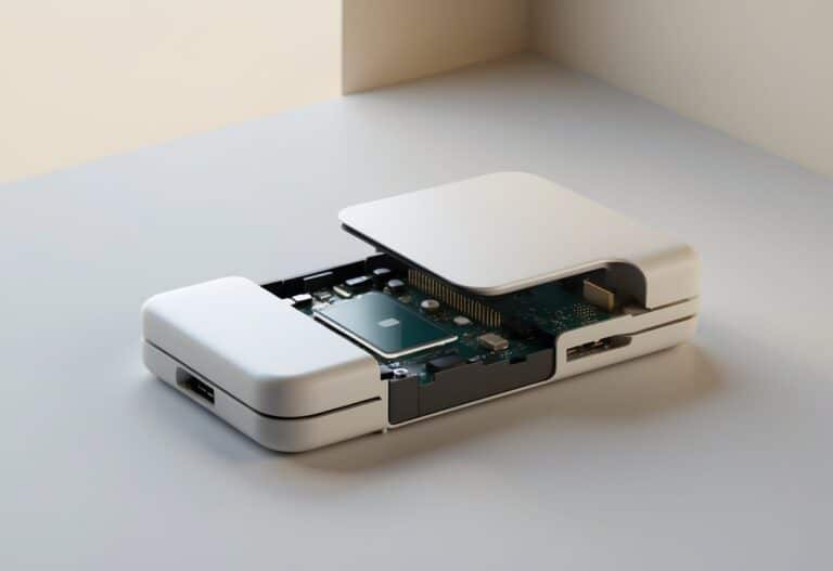 Dispositivo eletrônico em forma de caixa parcialmente aberto, mostrando componentes internos sem cartão inserido.