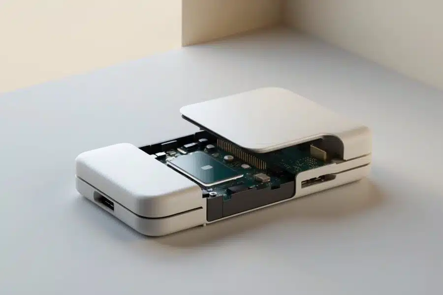 Dispositivo eletrônico em forma de caixa parcialmente aberto, mostrando componentes internos sem cartão inserido.