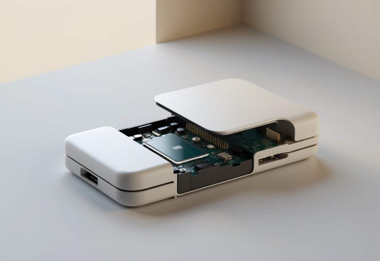 Dispositivo eletrônico em forma de caixa parcialmente aberto, mostrando componentes internos sem cartão inserido.