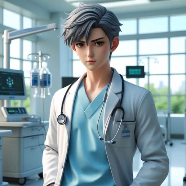 Cena de um médico jovem em um hospital moderno, usando jaleco branco e estetoscópio, com equipamentos médicos ao fundo.