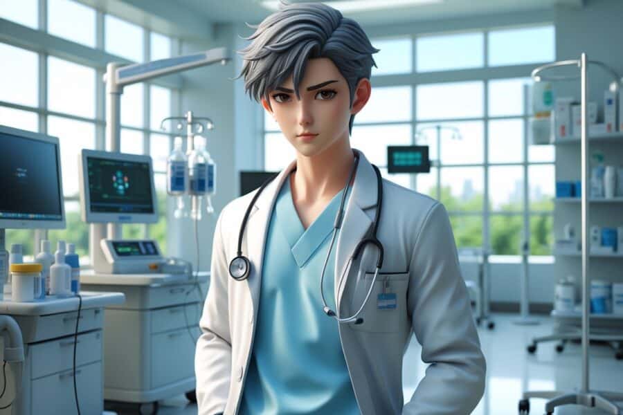 Cena de um médico jovem em um hospital moderno, usando jaleco branco e estetoscópio, com equipamentos médicos ao fundo.