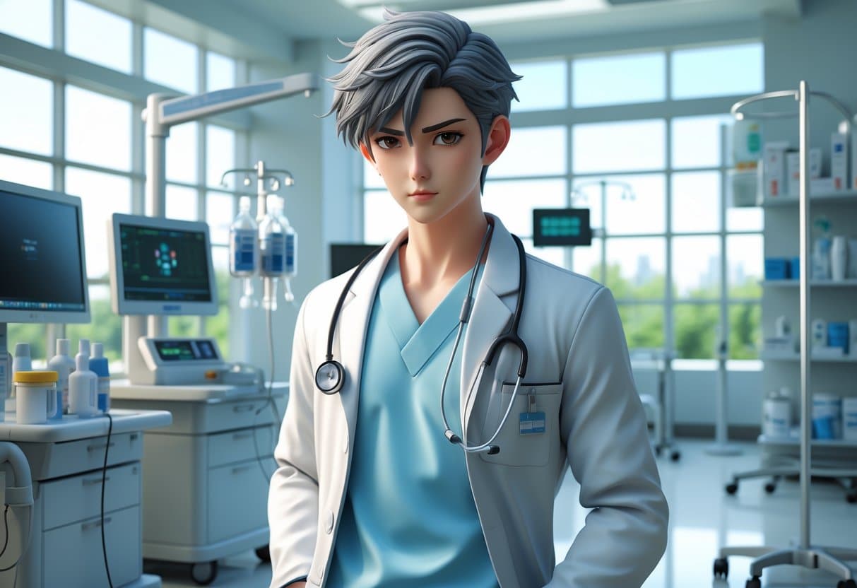 Cena de um médico jovem em um hospital moderno, usando jaleco branco e estetoscópio, com equipamentos médicos ao fundo.