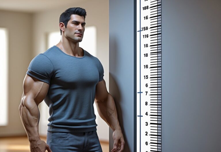 Homem alto e musculoso ao lado de um medidor de altura em uma sala simples.