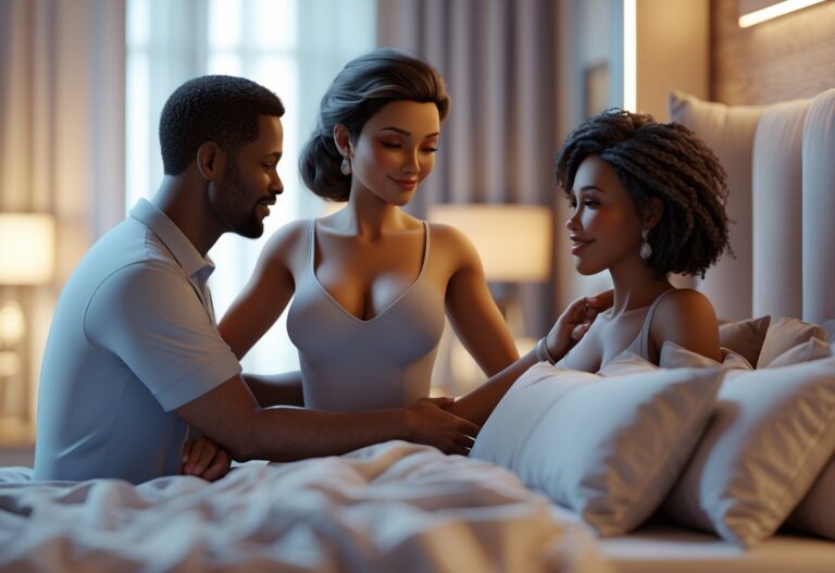 Três adultos em um quarto aconchegante, mostrando uma relação íntima e consensual entre eles.