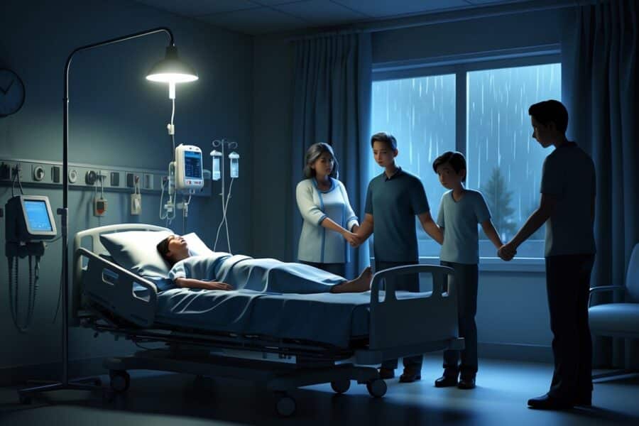 Pessoa deitada em um leito de hospital com familiares ao redor, em um quarto silencioso e iluminado por uma lâmpada, transmitindo um momento de despedida.