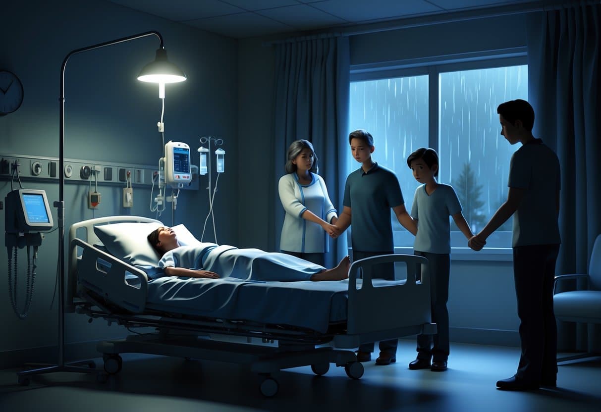Pessoa deitada em um leito de hospital com familiares ao redor, em um quarto silencioso e iluminado por uma lâmpada, transmitindo um momento de despedida.