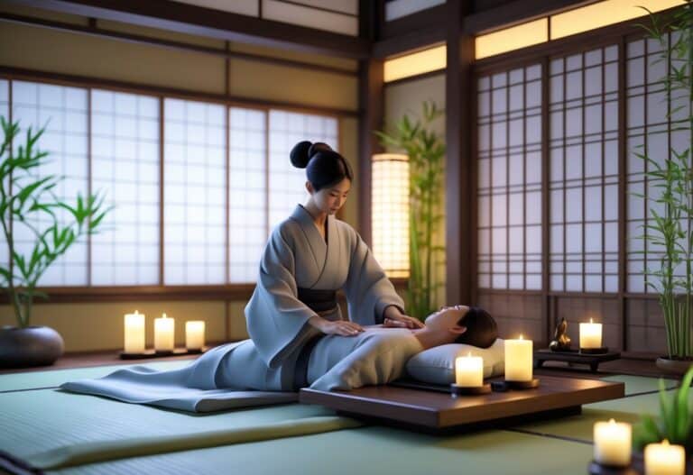 Casal em uma massagem sensual japonesa em um quarto tradicional com tatames e iluminação suave.