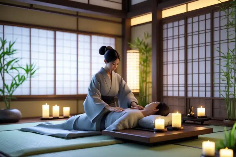 Casal em uma massagem sensual japonesa em um quarto tradicional com tatames e iluminação suave.