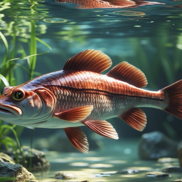 Um peixe pirarucu grande nadando em um rio com plantas aquáticas e fundo natural.