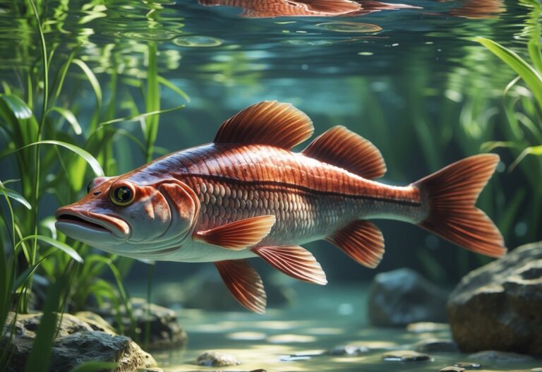 Um peixe pirarucu grande nadando em um rio com plantas aquáticas e fundo natural.