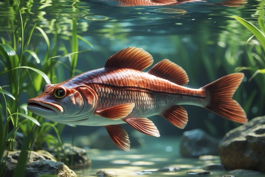 Um peixe pirarucu grande nadando em um rio com plantas aquáticas e fundo natural.