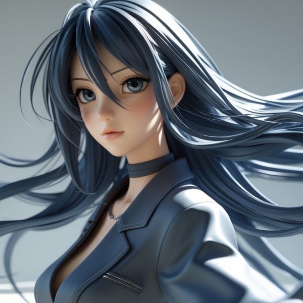 Personagem com cabelo longo em pé, com expressão séria e cabelo esvoaçante.