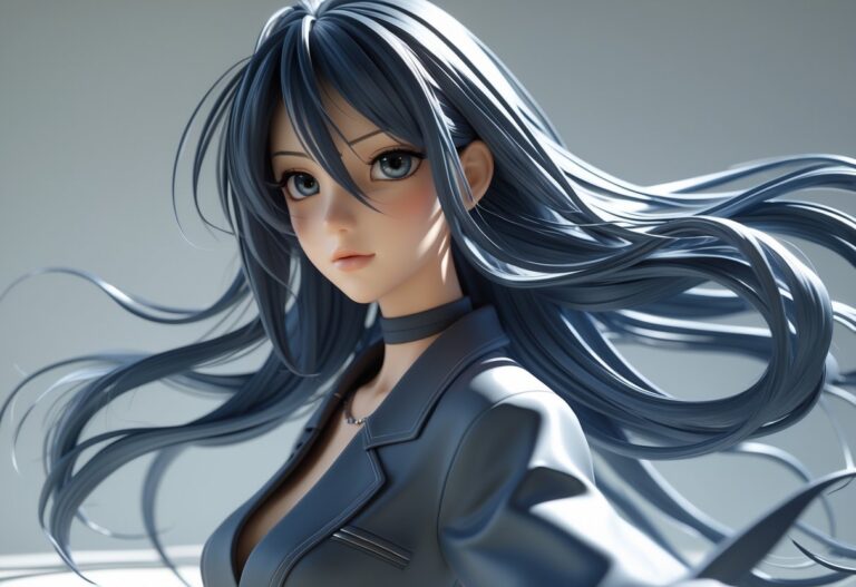 Personagem com cabelo longo em pé, com expressão séria e cabelo esvoaçante.