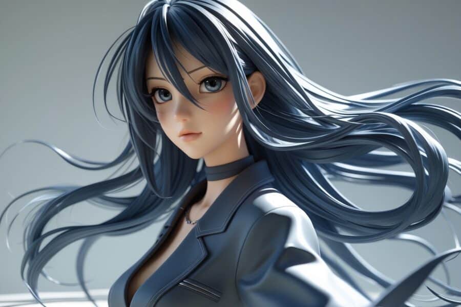 Personagem com cabelo longo em pé, com expressão séria e cabelo esvoaçante.