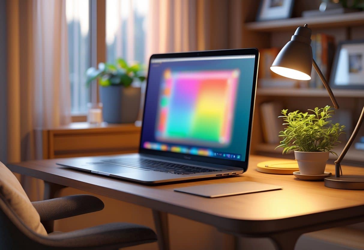 Ambiente interno com uma mesa de trabalho moderna, laptop aberto e decoração aconchegante em uma sala iluminada pela luz do dia.